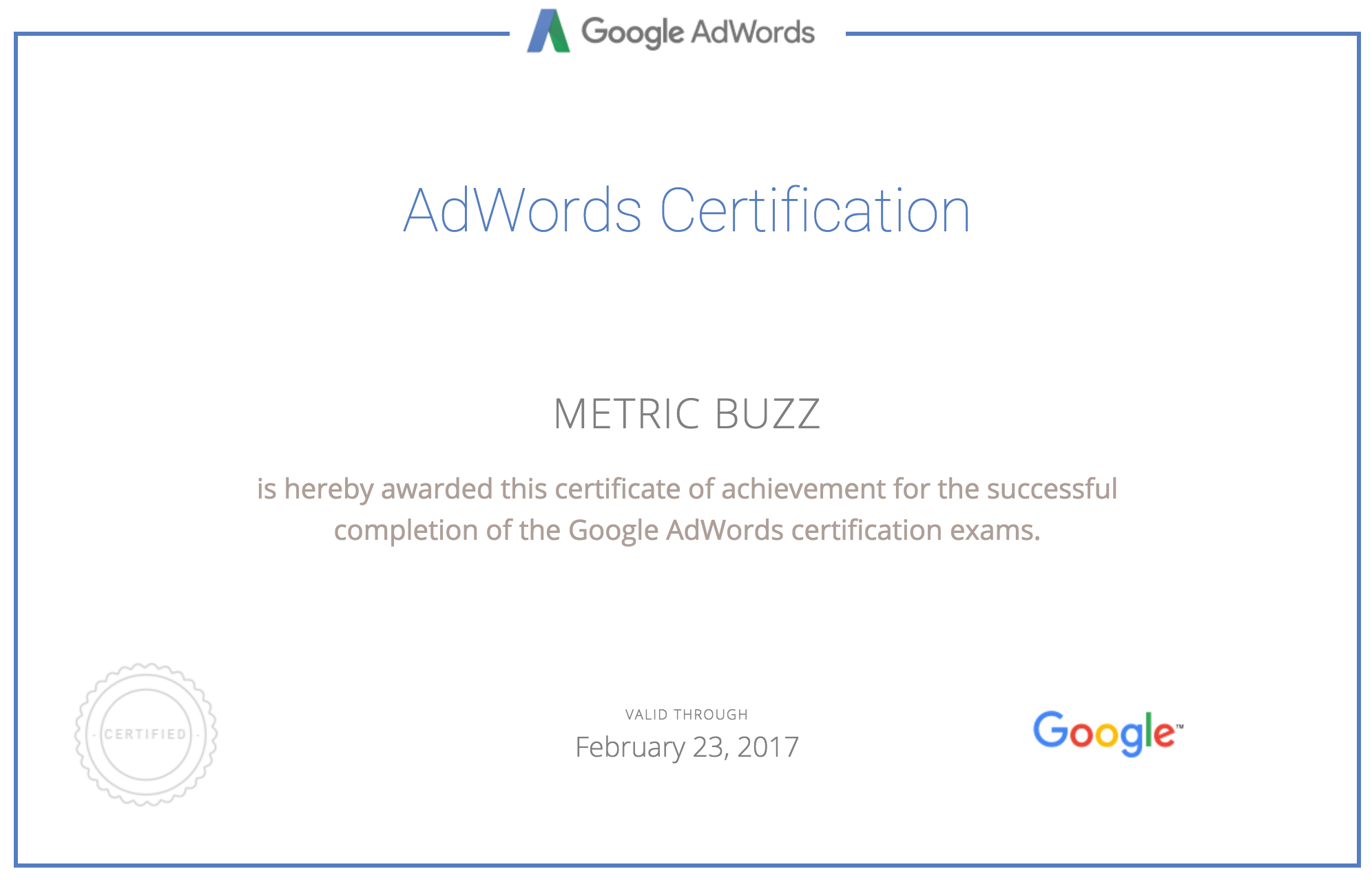 metricbuzz.com Google Adwords certificate